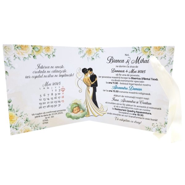 Invitatie nunta si botez ani tip Carte, cu fundita crem, model in nuante de cre cu elemente verzi, cuplu miri si bebe – MIBC507013 - imagine 2