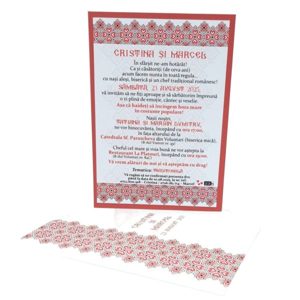 Invitatie nunta tip card 17x12 in plic tip buzunar, tematica traditional rosu - MIBC507027