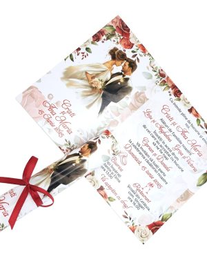 Invitatie rulata nunta, tip papirus, cu trandafiri rosii si cuplu miri – MIBC507011