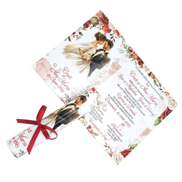 Invitatie rulata nunta, tip papirus, cu trandafiri rosii si cuplu miri - MIBC507011 - imagine 2