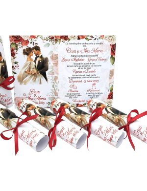 Invitatie rulata nunta, tip papirus, cu trandafiri rosii si cuplu miri – MIBC507011