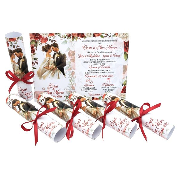 Invitatie rulata nunta, tip papirus, cu trandafiri rosii si cuplu miri - MIBC507011 - imagine 3