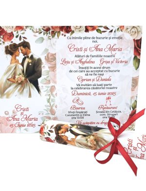 Invitatie rulata nunta, tip papirus, cu trandafiri rosii si cuplu miri – MIBC507011