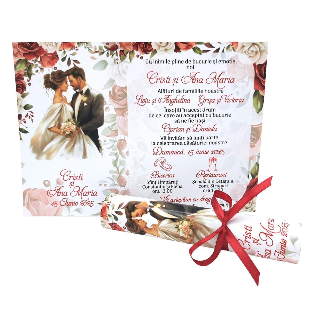 invitatii rulate papirul nunta miri rosu grena personalizate trandafiri 2