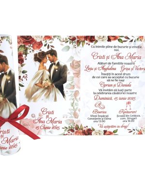 Invitatie rulata nunta, tip papirus, cu trandafiri rosii si cuplu miri – MIBC507011