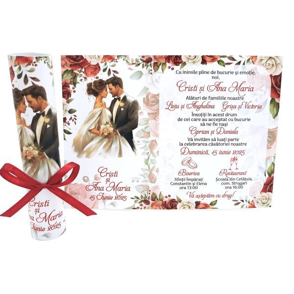 Invitatie rulata nunta, tip papirus, cu trandafiri rosii si cuplu miri - MIBC507011 - imagine 5