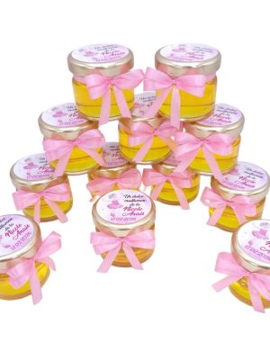 Mărturie dulce cu miere, model handmade Iubire – roz, ursulet in balon cu aer cald, borcan 30 gr – DSBC507004