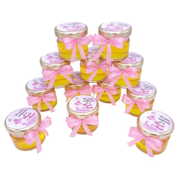 Mărturie dulce cu miere, model handmade Iubire - roz, ursulet in balon cu aer cald, borcan 30 gr - DSBC507004