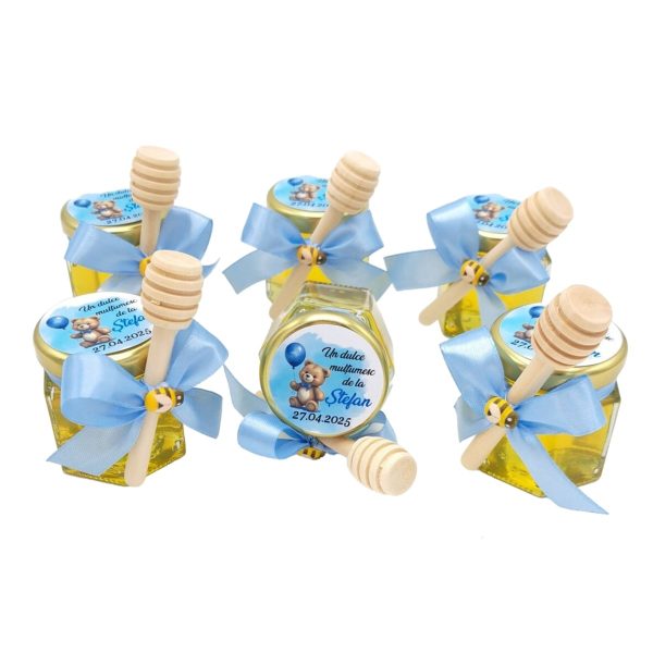 Mărturii dulci cu miere, model Aventură, botez baietel, bleo, ursulet cu balon bleo, borcan 50 gr - DSBC507006 - imagine 3