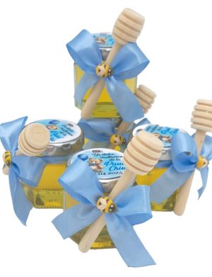 Mărturii dulci cu miere, model Aventură, botez baietel, bleo, ursulet cu balon bleo, borcan 50 gr – DSBC507006