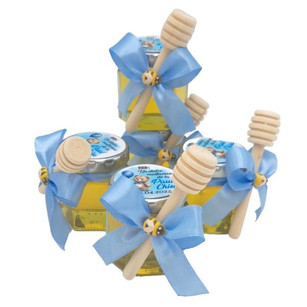Mărturii dulci cu miere, model Aventură, botez baietel, bleo, ursulet cu balon bleo, borcan 50 gr - DSBC507006 - imagine 4