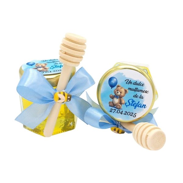 Mărturii dulci cu miere, model Aventură, botez baietel, bleo, ursulet cu balon bleo, borcan 50 gr - DSBC507006
