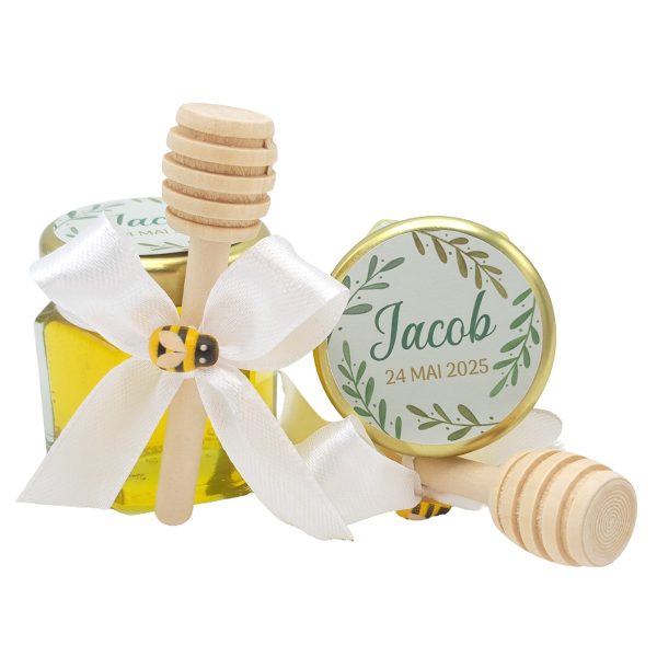 Mărturii dulci cu miere, model Aventură, botez baietel, ornament alb, frunze verzi, borcan 50 gr - DSBC507007