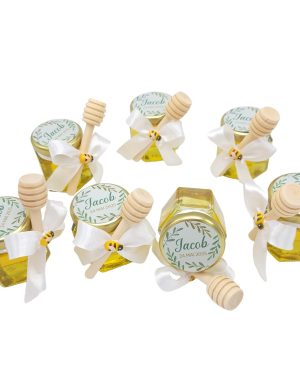 Mărturii dulci cu miere, model Aventură, botez baietel, ornament alb, frunze verzi, borcan 50 gr – DSBC507007
