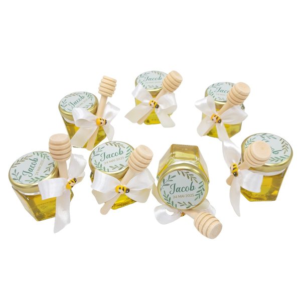 Mărturii dulci cu miere, model Aventură, botez baietel, ornament alb, frunze verzi, borcan 50 gr - DSBC507007 - imagine 4