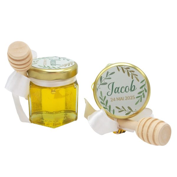 Mărturii dulci cu miere, model Aventură, botez baietel, ornament alb, frunze verzi, borcan 50 gr - DSBC507007 - imagine 2