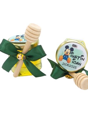 Mărturii dulci cu miere, model Aventură, botez baietel, verde, Mickey Mousse, borcan 50 gr – DSBC507005