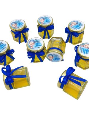 Mărturie dulce cu miere, model handmade Iubire – albastru, bebe baietel, borcan 50 gr – DSBC507009
