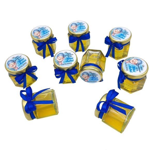 Mărturie dulce cu miere, model handmade Iubire - albastru, bebe baietel, borcan 50 gr - DSBC507009 - imagine 3