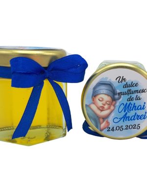 Mărturie dulce cu miere, model handmade Iubire – albastru, bebe baietel, borcan 50 gr – DSBC507009