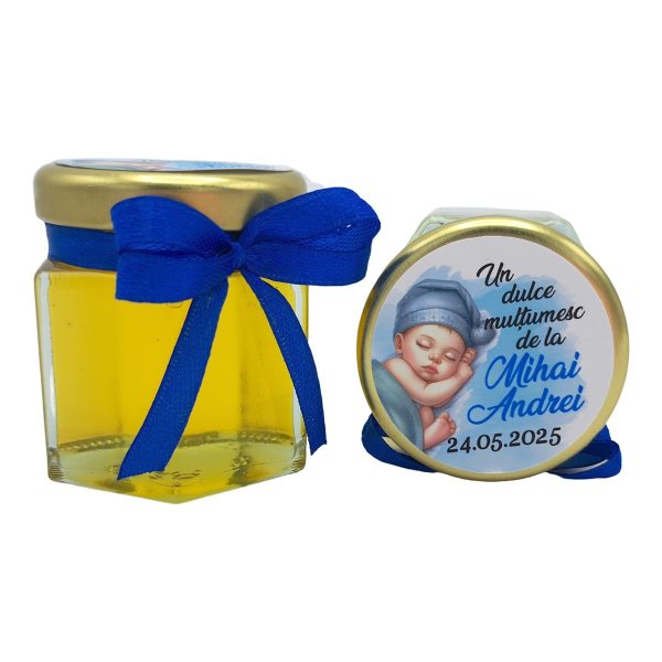 Mărturie dulce cu miere, model handmade Iubire - albastru, bebe baietel, borcan 50 gr - DSBC507009 - imagine 4
