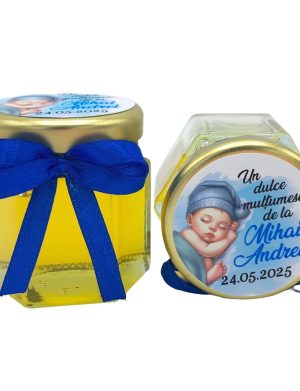 Mărturie dulce cu miere, model handmade Iubire - albastru, bebe baietel, borcan 50 gr - DSBC507009