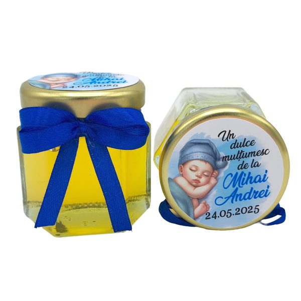 Mărturie dulce cu miere, model handmade Iubire - albastru, bebe baietel, borcan 50 gr - DSBC507009