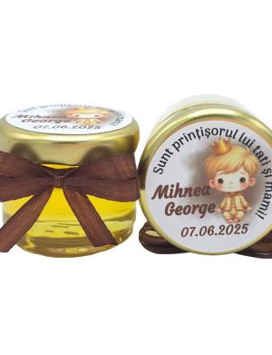 Mărturie dulce cu miere, model handmade Iubire – maro ciocolata, print bebe baietel, borcan 30 gr – DSBC507010