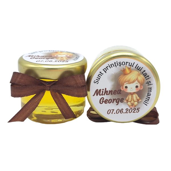 Mărturie dulce cu miere, model handmade Iubire - maro ciocolata, print bebe baietel, borcan 30 gr - DSBC507010