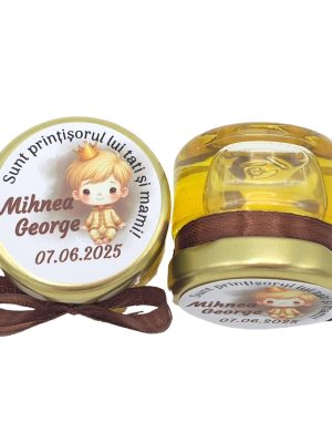 Mărturie dulce cu miere, model handmade Iubire – maro ciocolata, print bebe baietel, borcan 30 gr – DSBC507010