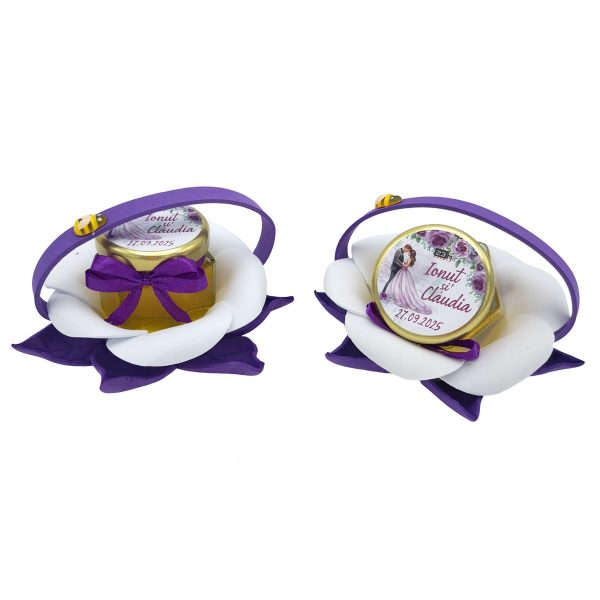 Marturii dulci cu miere, model handmade Zumzet dulce - mov lila, cuplu miri, borcan 50 gr - DSBC507011 - imagine 5
