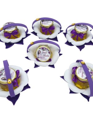 Marturii dulci cu miere, model handmade Zumzet dulce – mov lila, cuplu miri, borcan 50 gr – DSBC507011
