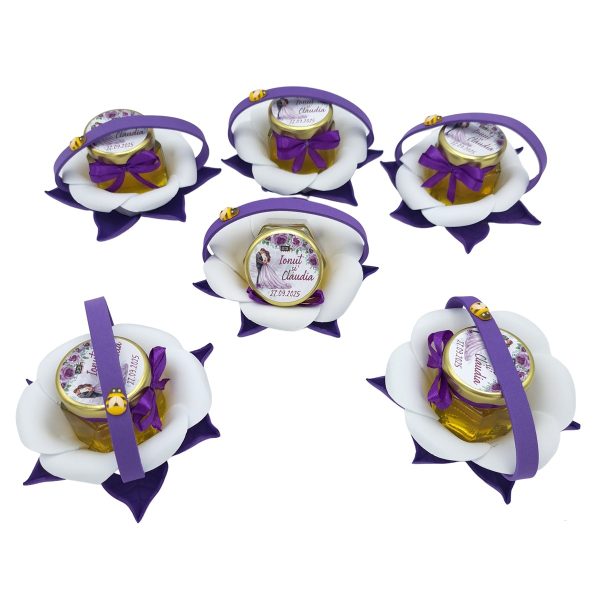 Marturii dulci cu miere, model handmade Zumzet dulce - mov lila, cuplu miri, borcan 50 gr - DSBC507011 - imagine 2