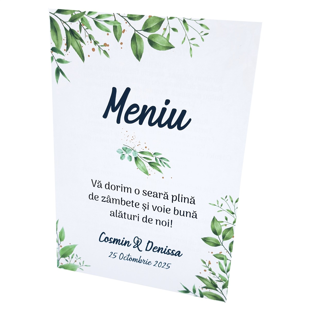 meniu nunta personalizat frunze verde miri cuplu botanic