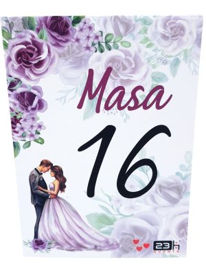 Număr masă nuntă cu design floral mov, lila, cuplu miri –  MIBC507016