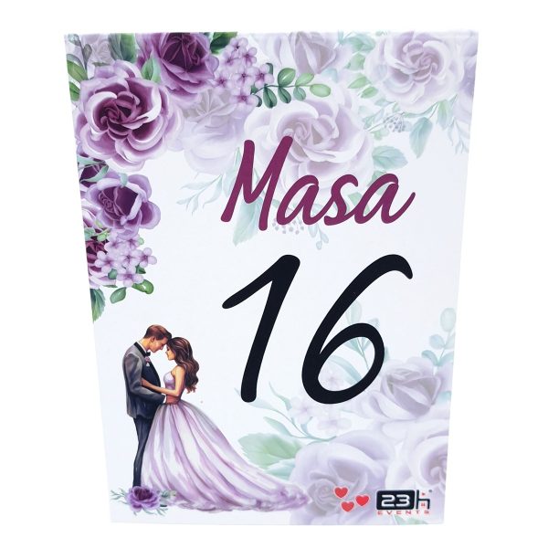 Număr masă nuntă cu design floral mov, lila, cuplu miri -  MIBC507016 - imagine 3