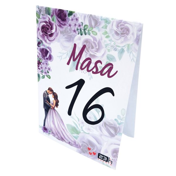 Număr masă nuntă cu design floral mov, lila, cuplu miri -  MIBC507016
