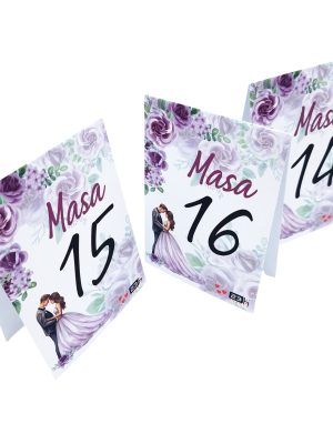 Număr masă nuntă cu design floral mov, lila, cuplu miri –  MIBC507016