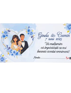 Plic de dar nunta si botez, cu trandafiri in nuante de bleo, cuplu miri si bebe, personalizat cu nume  – MIBC507019