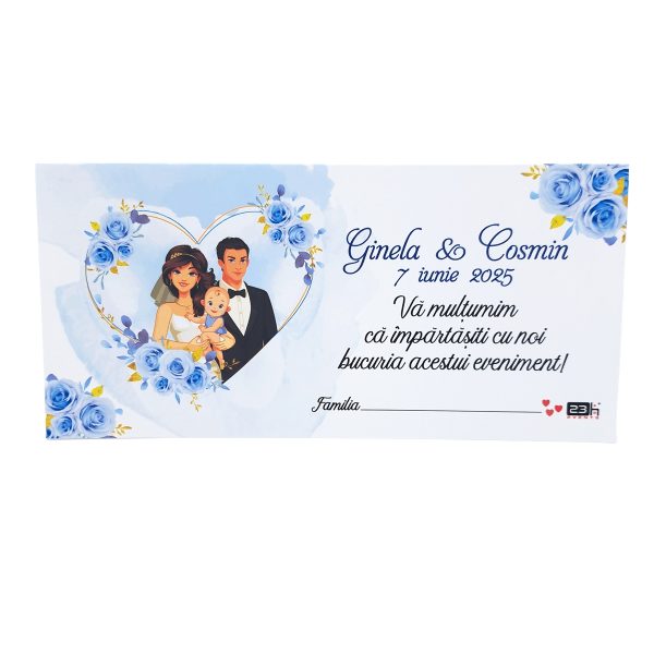 Plic de dar nunta si botez, cu trandafiri in nuante de bleo, cuplu miri si bebe, personalizat cu nume  - MIBC507019