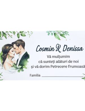 Plic de dar nunta, cu frunze verzi si cuplu miri, personalizat cu nume  – MIBC507021