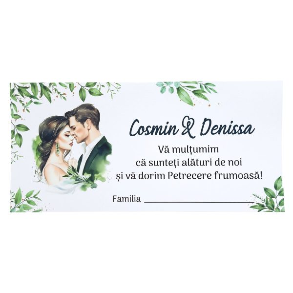 Plic de dar nunta, cu frunze verzi si cuplu miri, personalizat cu nume  - MIBC507021