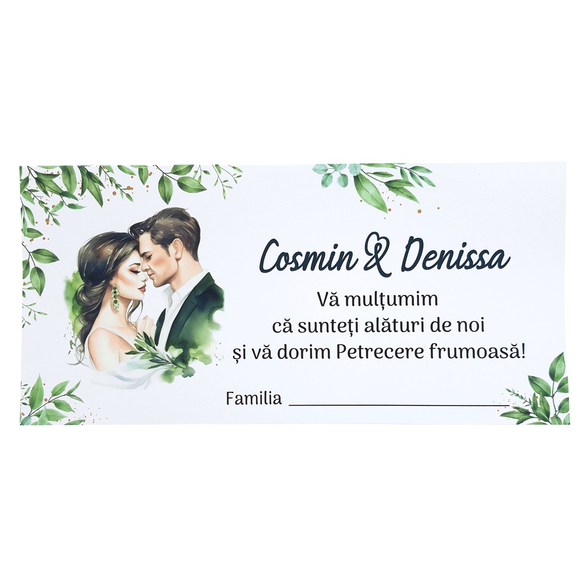 plic bani dar nunta personalizat frunze verde miri cuplu botanic 1