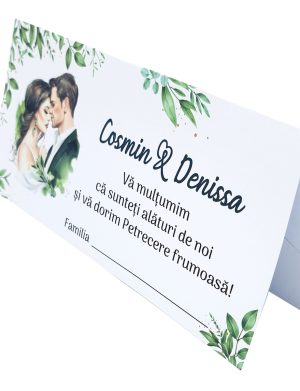 Plic de dar nunta, cu frunze verzi si cuplu miri, personalizat cu nume  – MIBC507021