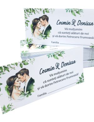 Plic de dar nunta, cu frunze verzi si cuplu miri, personalizat cu nume  – MIBC507021