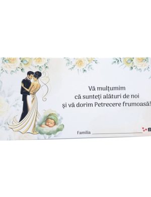 Plic de dar nunta si botez, in nuante de crem si elemente verzi, cuplu miri cu bebe, nepersonalizat  – MIBC507023