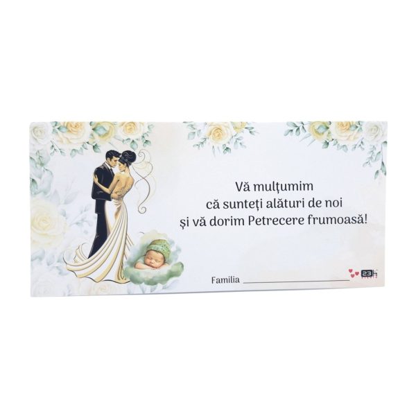 Plic de dar nunta si botez, in nuante de crem si elemente verzi, cuplu miri cu bebe, nepersonalizat  - MIBC507023