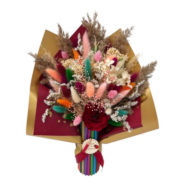 Buchet flori cadre didactice, aranjament cu flori uscate și creioane, roșu – DSPH508003