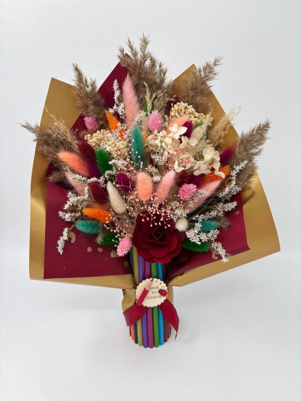 Buchet flori cadre didactice, aranjament cu flori uscate și creioane, roșu – DSPH508003 - imagine 2
