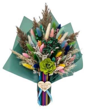Buchet flori cadre didactice, aranjament cu flori uscate și creioane, verde – DSPH508001
